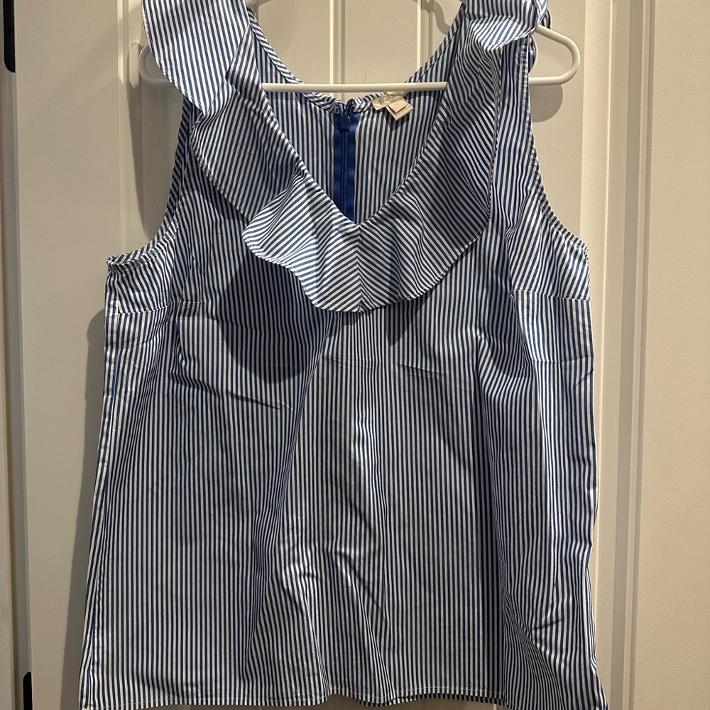 J. Crew Blue and White Striped Ruffle Top